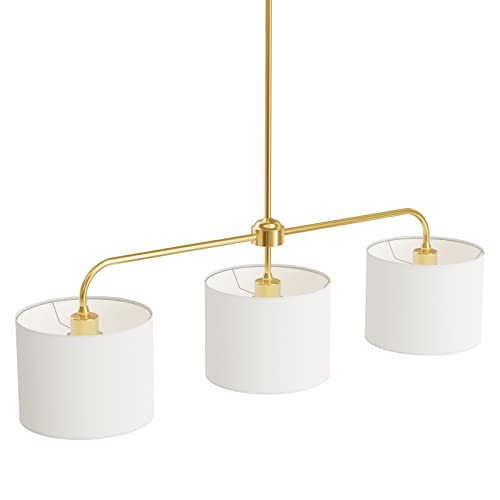 3 Light White Linen Drum Shade Chandelier with Polished Gold Metal Linear Pendant Light Fixture for Kitchen Island