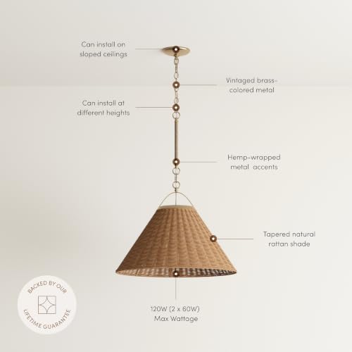 Cyprus Rattan Pendant Light with Coastal Wicker Cone Shade and Adjustable Brass Chain