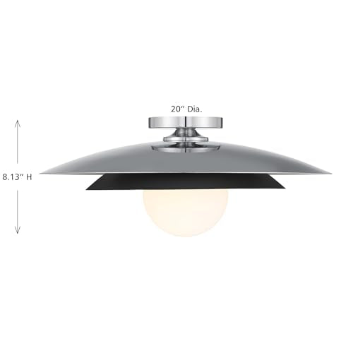 6-5564-1-11 Sherrer Mid-Century Modern White Opal Glass Semi-Flush, 1-Light 60 Watt, 9" H x 20" W, Chrome