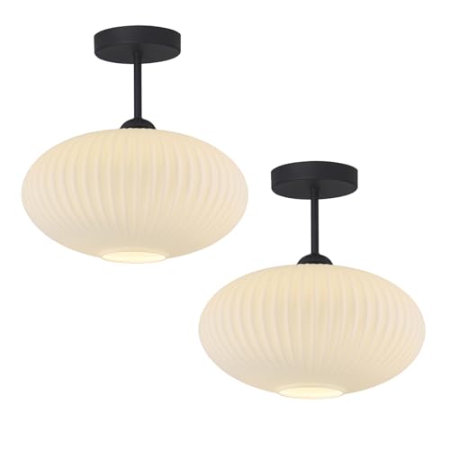 White Ribbed Glass Flush Mount Ceiling Light Large Vintage Milk Glass Semi Flush Mount Light Farmhouse Black Ceiling Light Fixtures Mid Century Modern Hallway Light Fixtures (2 Count)