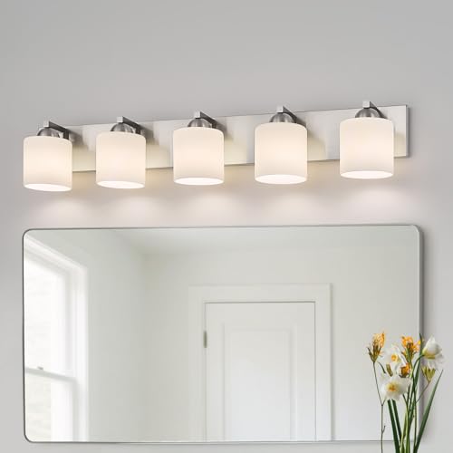 5 Light Brushed Nickel Bathroom Vanity Light with White Glass Shades
