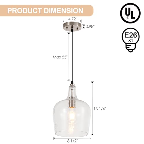 Large Hammered Glass Pendant Light Modern Brushed Nicklel 1 Light Single Dome Pendant Lighting Fixtures for Kitchen Island Dining Room Hallway