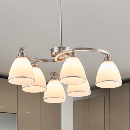 6 Light Brushed Nickel Chandelier Modern Farmhouse Dinner Room Light Fixture with Frosted Glass Lampshade (6 Count)