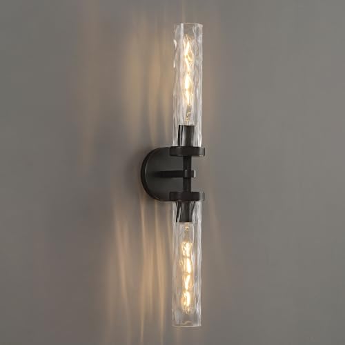 Bathroom Sconce 24in Black Sconce with Water Ripple Glass