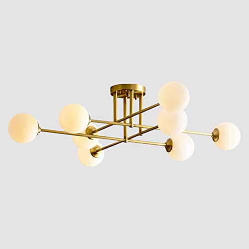 8 Light Globe Flush Mount Ceiling Light Milk Glass Ball Sputnik Chandelier Mid Century Brushed Gold Semi Flush Mount Ceiling Light Fixture Living Room Ceiling Lamp