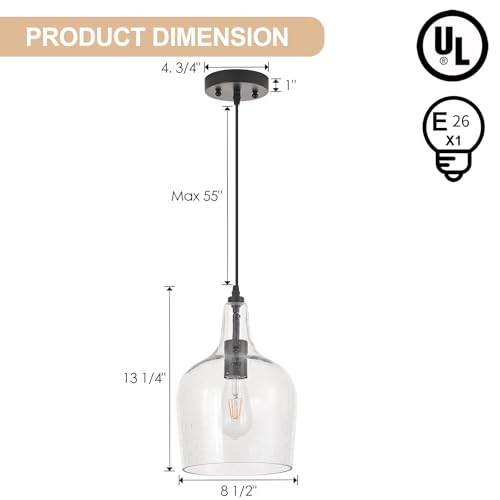 Seeded Glass Pendant Light Modern Black 1 Light Single Dome Pendent Lighting Fixtures for Kitchen Island Dining Room Hallway