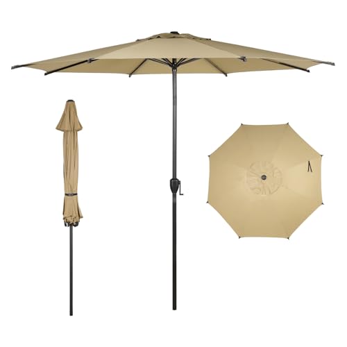 9FT Lyon Outdoor Patio Umbrella Outdoor Table Umbrella with Push Button Tilt and Crank Market Umbrella 8 Sturdy Ribs UV Protection Waterproof for Garden Deck Backyard Pool Tan