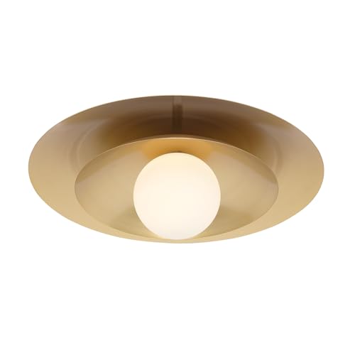 6-5564-1-322 Sherrer Mid-Century Modern White Opal Glass Semi-Flush, 1-Light 60 Watt, 9" H x 20" W, Warm Brass
