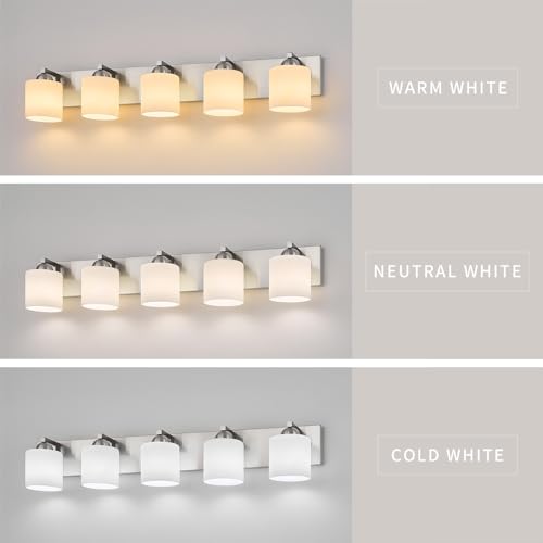 5 Light Brushed Nickel Bathroom Vanity Light with White Glass Shades