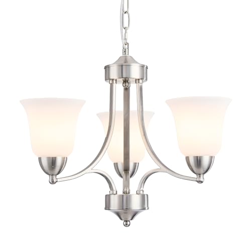 3 Lights Farmhouse Chandelier Brushed Nickel Modern Dining Room Light Fixture Silver Adjustable Ceiling Hanging Pendent Lighting with Frosted Glass for Kitchen Island