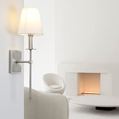 Set of 2 Classic Rustic Industrial Wall Sconce Lighting Fixture with Flared White Textile Lamp Shade and Brushed Tapered Column Stand (2 Count)