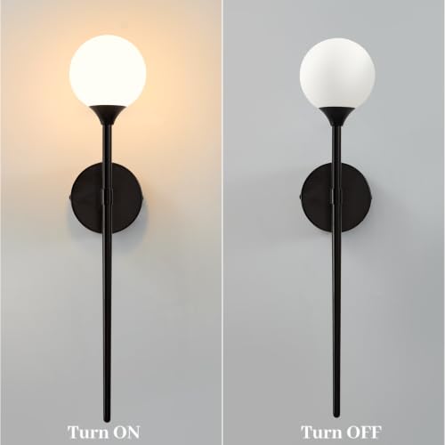 Single Black Globe Glass Wall Sconce with Milk White Glass Shade