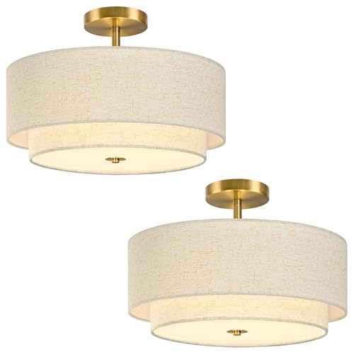16 Inch 3 Light Semi Flush Mount Ceiling Light Fixture Modern 2 Pack Gold Drum Ceiling Light Fixture with 2 (2 Count)