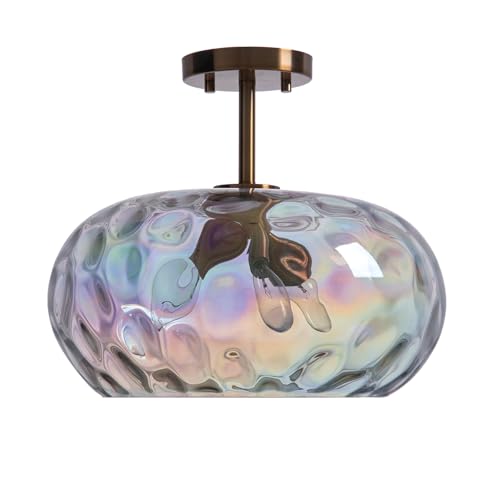 Brass Gold Semi Flush Mount Ceiling Fixture Large Hammered Glass Shade Modern Close to Ceiling Light 14" Art Lampshade for Hallway Foyer Bedroom