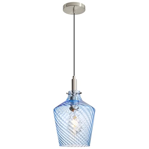 Stripes Blue Glass Pendant Light for Kitchen Island Nickel 8 Inch 1 Pack
