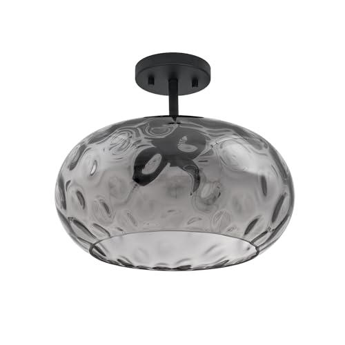 Matte Black Semi Flush Mount Ceiling Fixture Large Smoked Hammered Glass Shade Modern Close to Ceiling Light 14" Art Lampshade for Hallway Foyer Bedroom