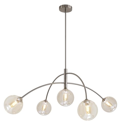Mid Century Modern Sputnik Chandelier with Glass Globe Cognac Shade Adjustable 5 Light Silver Chandelier for Dining Room Kitchen Bedroom