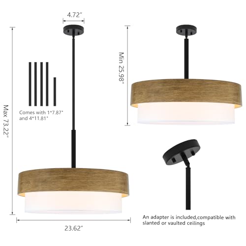 23.6" Large Wood Texture Drum Chandelier for Dining Room with White Fabric