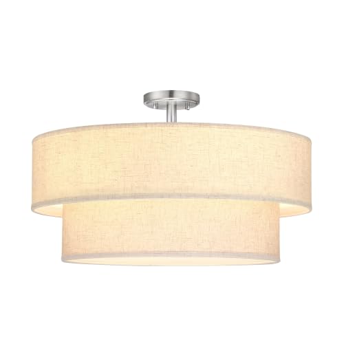 2 Tier 22" Cream Drum Fabric 5 Light Brushed Nickel Semi Flush Mount Ceiling Light for Living Room Dining Room Bedroom Hallway
