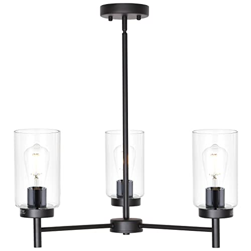 Farmhouse Chandeliers Black 3 Lights with Clear Glass Shades Modern Industrial Pendant Light Dining Room Lighting Fixtures Hanging Adjustable Wire Semi Flush Ceiling Lights