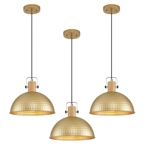 12 Inch Gold Pendant Lights Hammered Matte Pendant Lights for Kitchen Island Industrial Farmhouse Adjustable Height Dome Hanging Light Fixtures for Barn (3 Count)