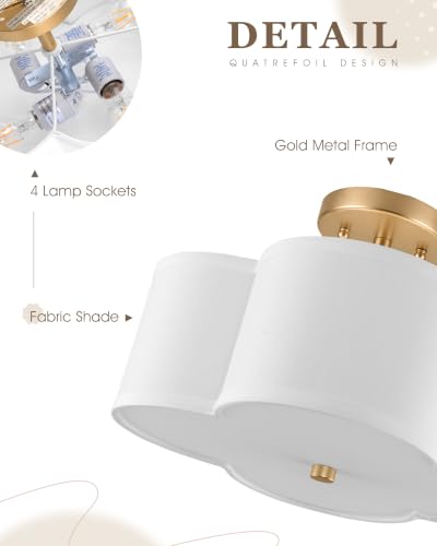 13.6" Gold Semi Flush Mount Ceiling Light with Fabric Shade