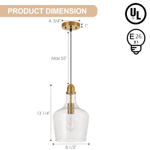 Glass Pendant Light Modern Brass 1 Light Single Dome Pendant Lighting Fixtures for Kitchen Island Dining Room Hallway