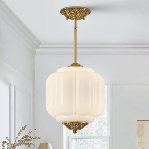 Vintage Gold Pendant Light Fixture Milk Glass Semi Flush Ceiling Light