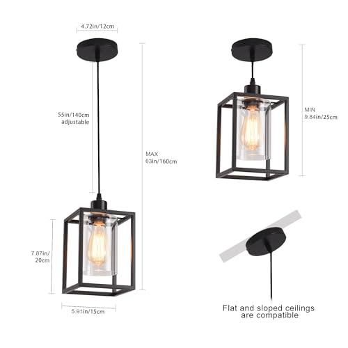 Black Pendant Lights for Kitchen Island Industrial Lantern Pendant Light Fixtures with Clear Glass Shade (2 Count)