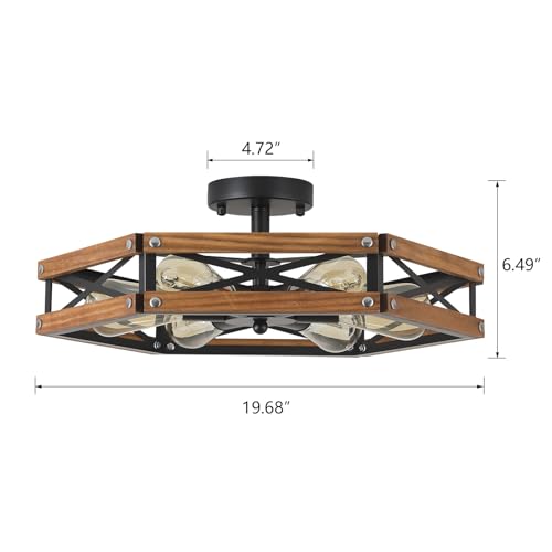 6 Light Large Rustic Farmhouse Wood Flush Mount Ceiling Light Fixture 20 inch Oak Wood and Metal Cage Semi Flush Mount Ceiling Light for Hallway Entry Farmhouse Bedroom Living Room