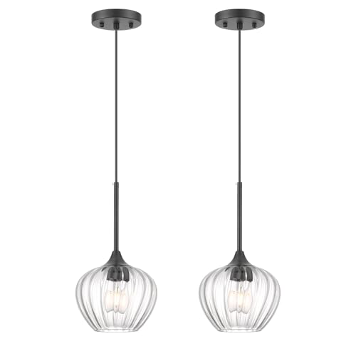 2 Pack Black Pendant Lights Kitchen Island with Ribbed Glass Shade (2 Count)