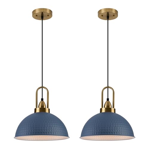 Blue Pendant Lights Kitchen Island Industrial Adjustable Height Vintage Dome Hanging Light Fixtures for Barn (2 Count)