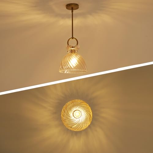 Gold Pendant Light Kitchen Island 9.84'' Striped Amber Glass Shade (2 Count)