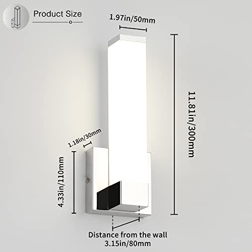 Chrome Wall Lights for Bedroom Modern Indoor LED Hallway Sconces Corner Light 12" Inch Height 12W 4000K Bedside Stair Sconces Wall Lighting Lamps 110V AC