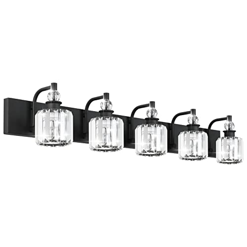 Crystal Black Vanity Light Fixtures 5 Light Crystal Bathroom Light Fixtures Over Long Mirror Modern Matte Black Bath Wall Lights