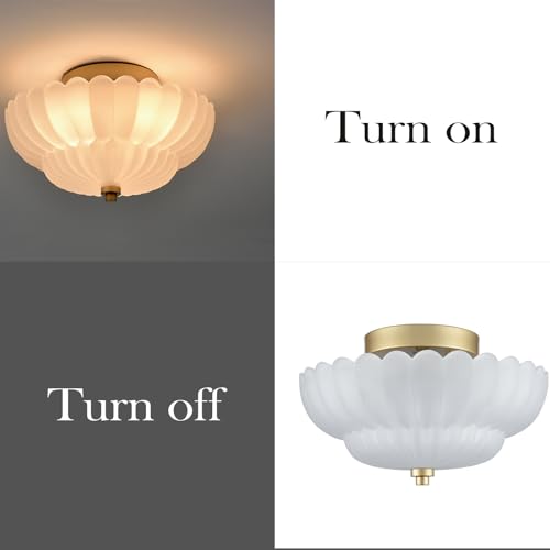 Gold Flush Mount Ceiling Light with Scalloped Frosted Milk Glass
