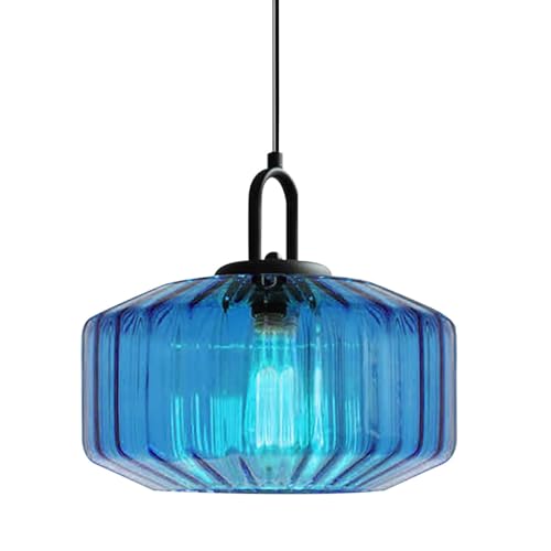 Glass Pendant Light Fixture Vintage Modern Pendant Lights with Blue Hand Blown Glass Shade Mid Century Black Adjustable Cord Ceiling Hanging Lighting for Dining Room Kitchen Island