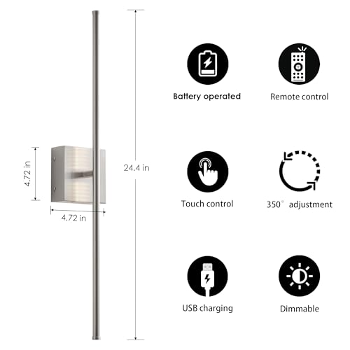 24.4 Inch Wall Sconces Battery Operated for Living Room Nickel (2 Count)