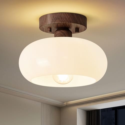 Mid Century Modern Faux Walnut Wood Semi Flush Ceiling Light 8.66 Inch