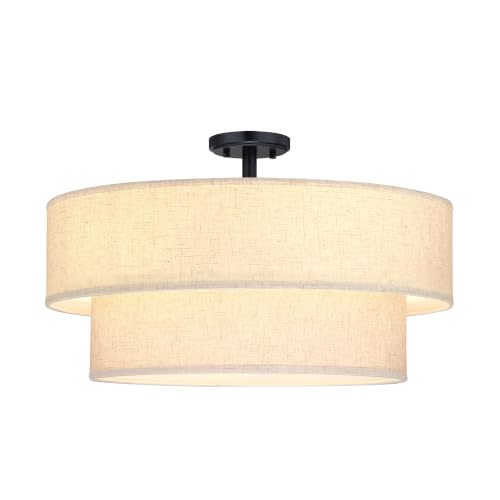 2 Tier 22" Cream Drum Fabric 5 Light Black Semi Flush Mount Ceiling Light for Living Room Dining Room Bedroom Hallway