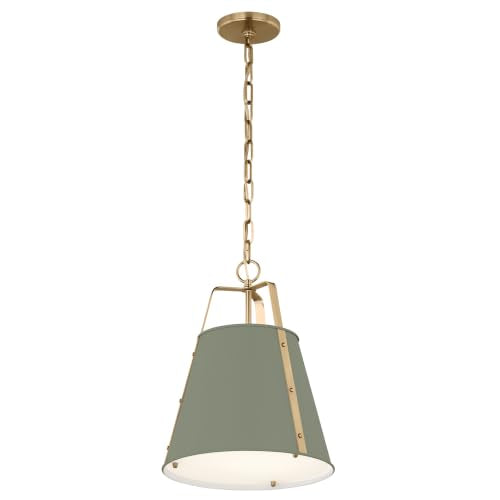 Etcher 13" 1 Light Updated Traditional Pendant with Satin Etched White Glass Diffuser in Heritage Green and Champagne Bronze