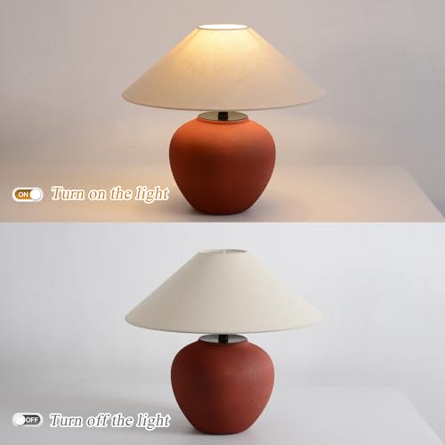 Farmhouse Table Lamp Red 18.8" Ceramic Table Lamp Southwestern Natural Red Clay Pot Lampbody with Beige Linen Shade Nightstand Lamp for Bedroom Living Room Entryway