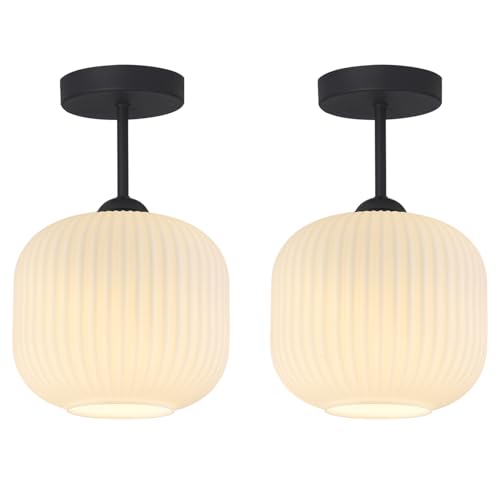 Small White Ribbed Glass Flush Mount Ceiling Light (2 Count)