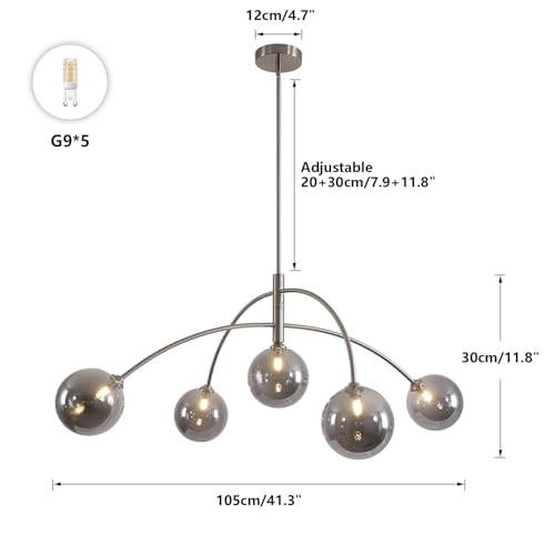 Modern Silver Chandelier 5 Light Smoke Gray Semi Flush Mount Chandelier Vintage Industrial Ceiling Light for Dining Room Kitchen Bedroom Hallway
