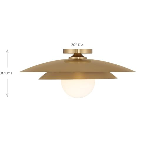 6-5564-1-322 Sherrer Mid-Century Modern White Opal Glass Semi-Flush, 1-Light 60 Watt, 9" H x 20" W, Warm Brass