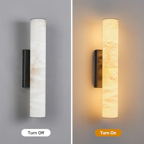 Natural Alabaster Wall Sconces Set of Two Spanish Marble Wall Light Cylinder Modern Black LED Sconce for Living Room Bedroom Bathroo Stairs（S (2 Count)