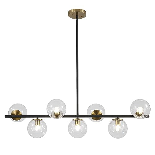 MCM 7 Light Brass Gold Linear Sputnik Chandelier with Clear Glass Shade