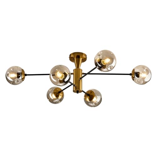 6 Light Gold Sputnik Chandelier Modern Semi Flush Mount Ceiling Light with Glass Globe Shade Mid Century Ceiling Lighting for Dining Room Living Room Kitchen Farmhouse Bedroom