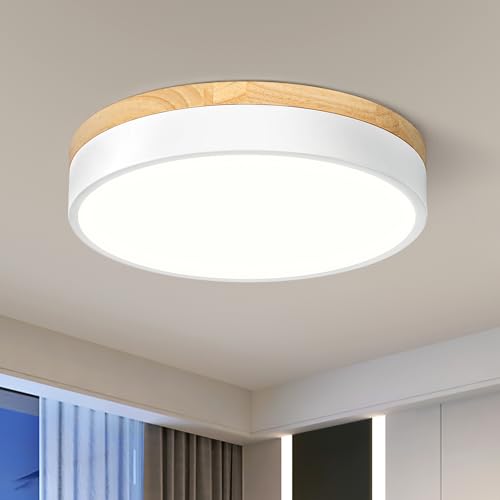 Dimmable LED Wood White Round Flush Mount Ceiling Light 11.81 Inch