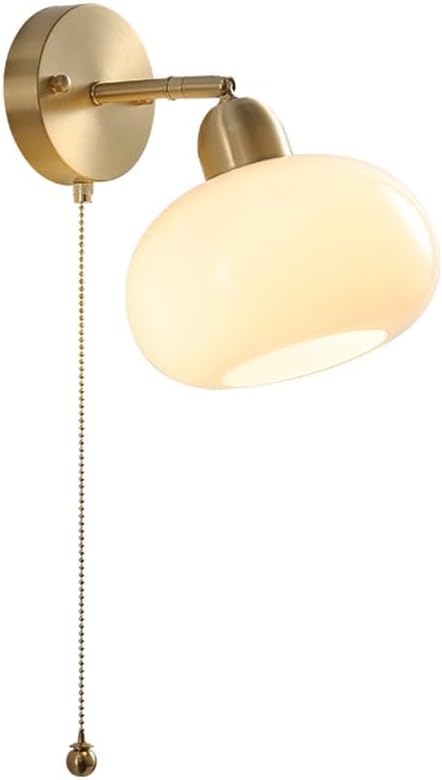 Japanese Wabi-sabi Style Glass Wall Lamps with E26/E27 Base Three-Color Dimmable Full Copper Wall Sconces Vintage Simple Bedroom Bedside Zipper Switch Wall Light(Style 1)